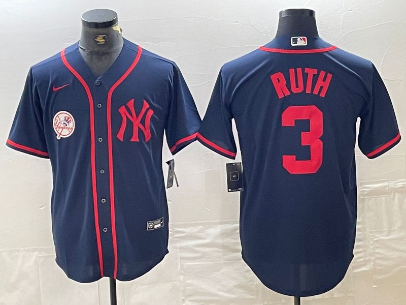 Men New York Yankees 3 Ruth Blue Third generation joint name Nike 2024 MLB Jersey style 3